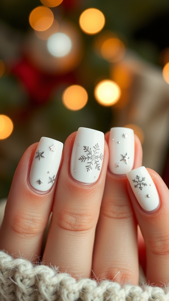 Short milky white nails with snowflake designs and glitter accents, set against a festive background.